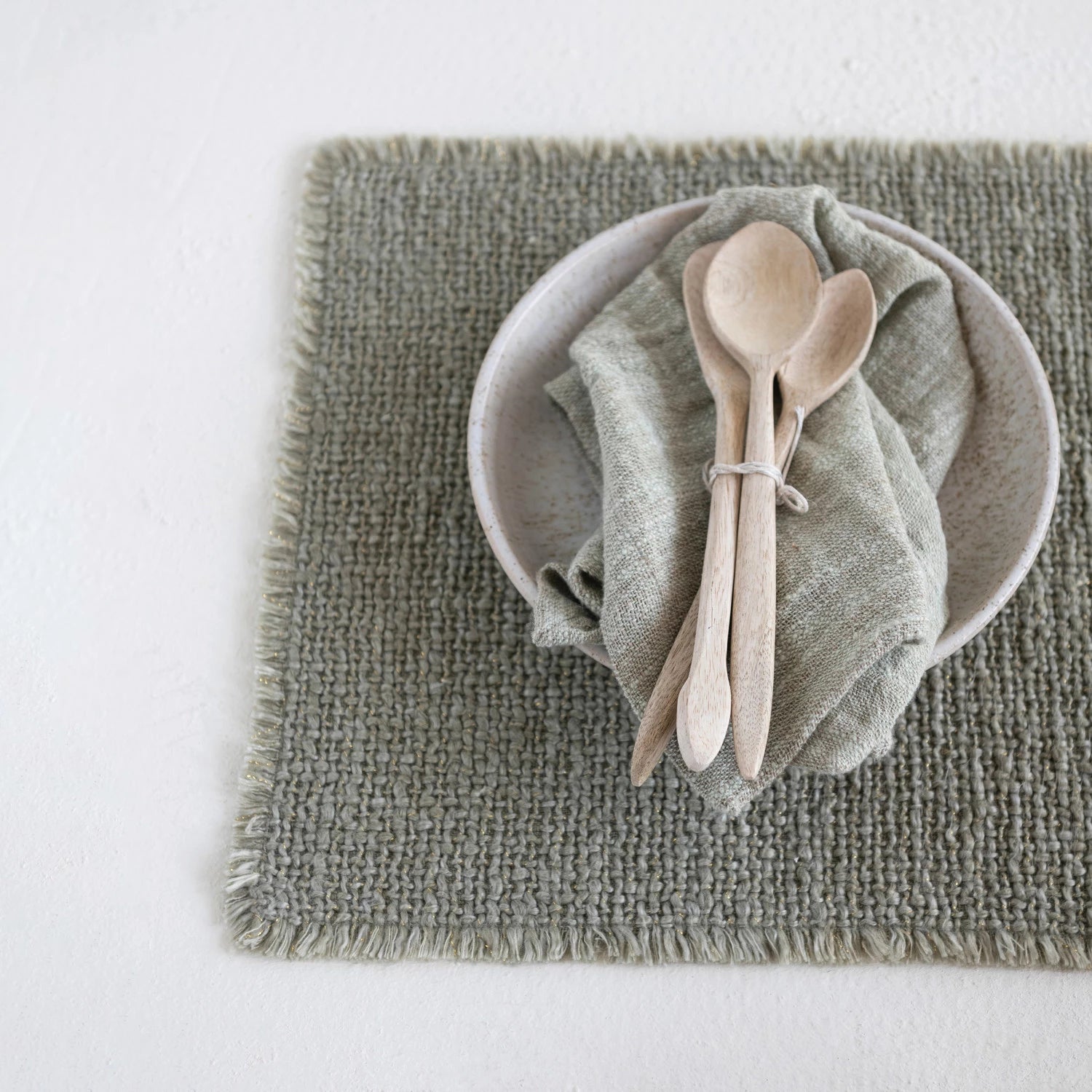 Woven Cotton Blend Placemat w/ Metallic Thread & Fringe
