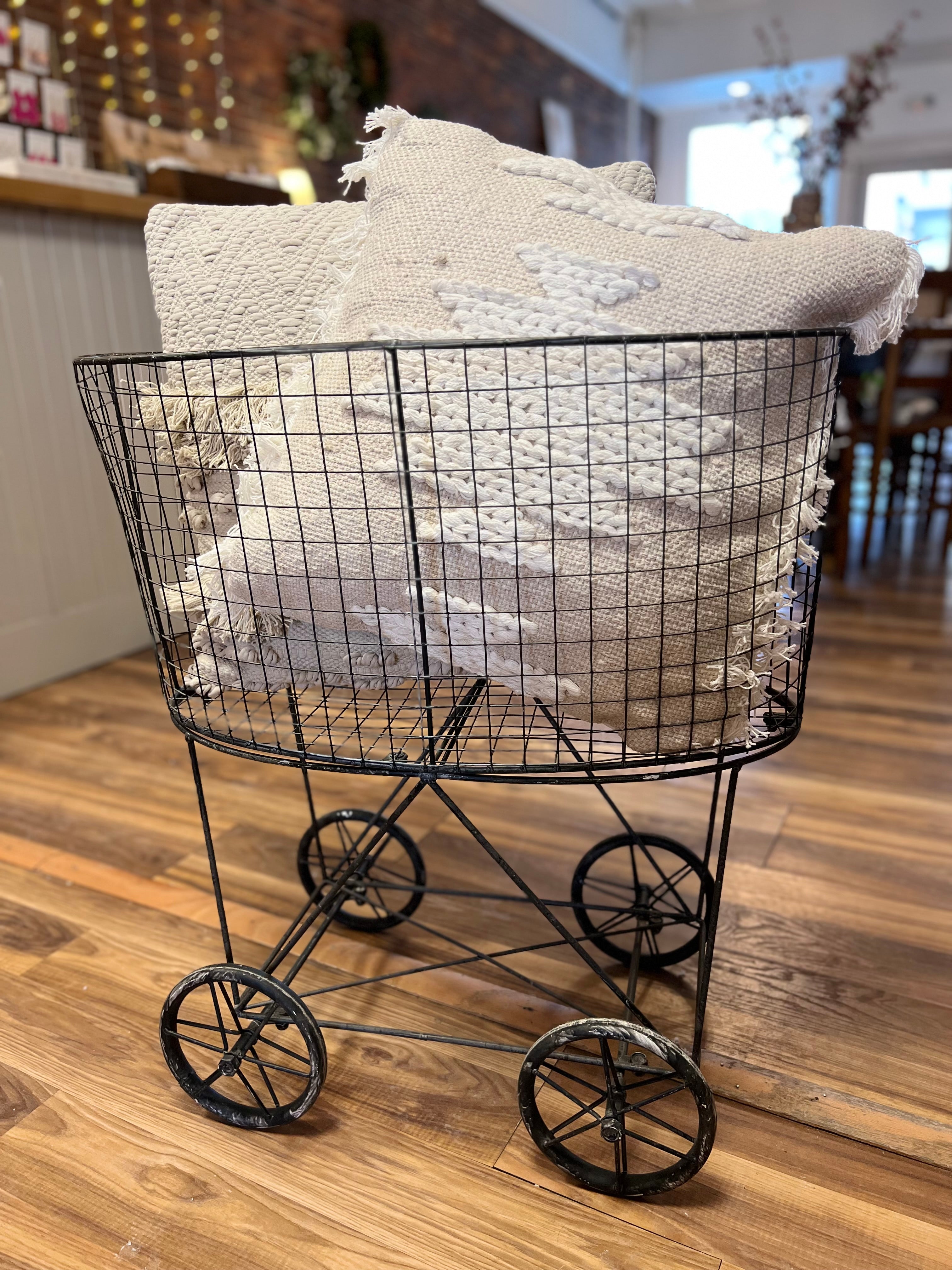 Metal Reproduction of Vintage Laundry Basket On Wheels