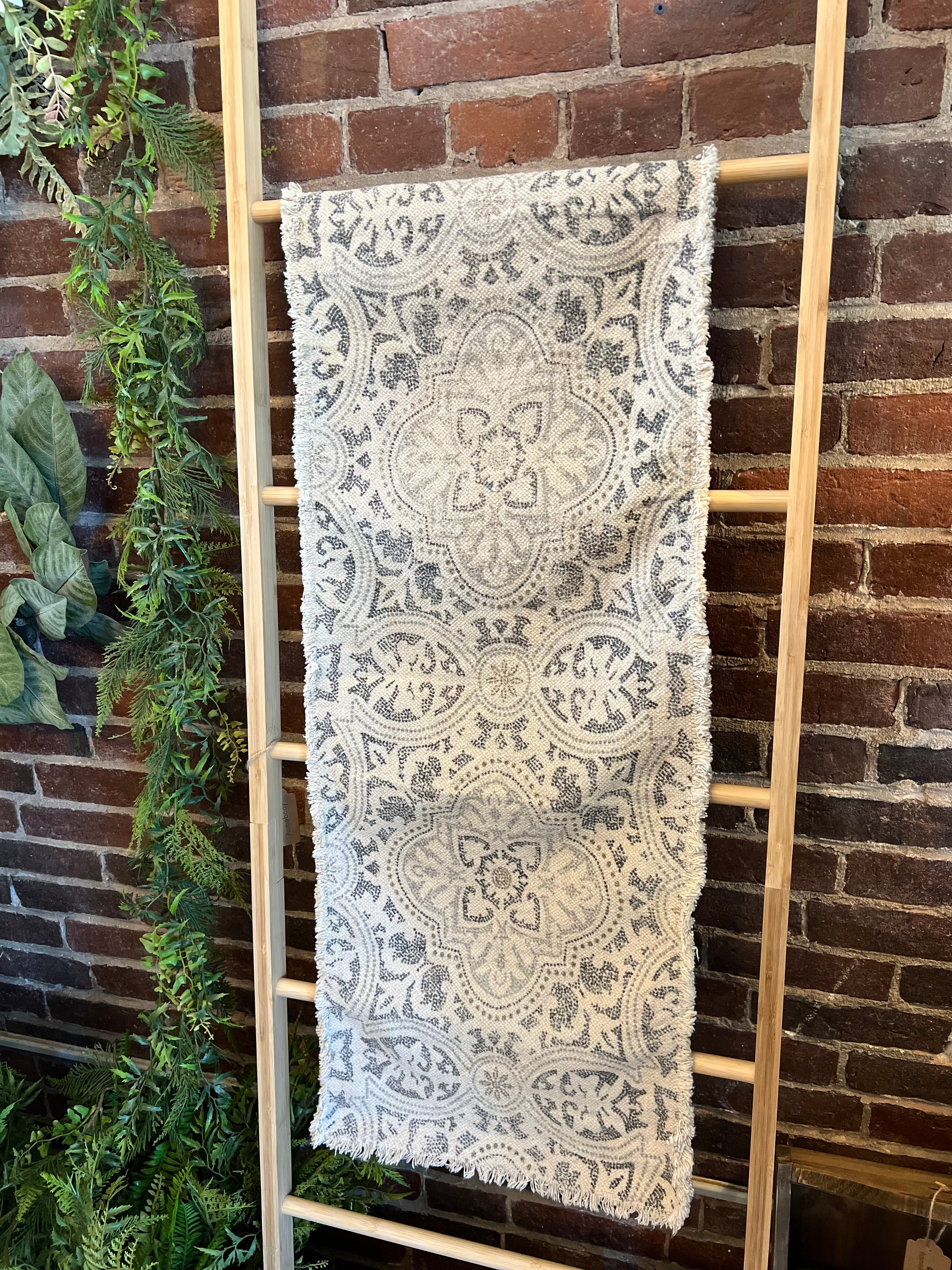 Gray/Cream Printed Table Runner with Frayed Edge