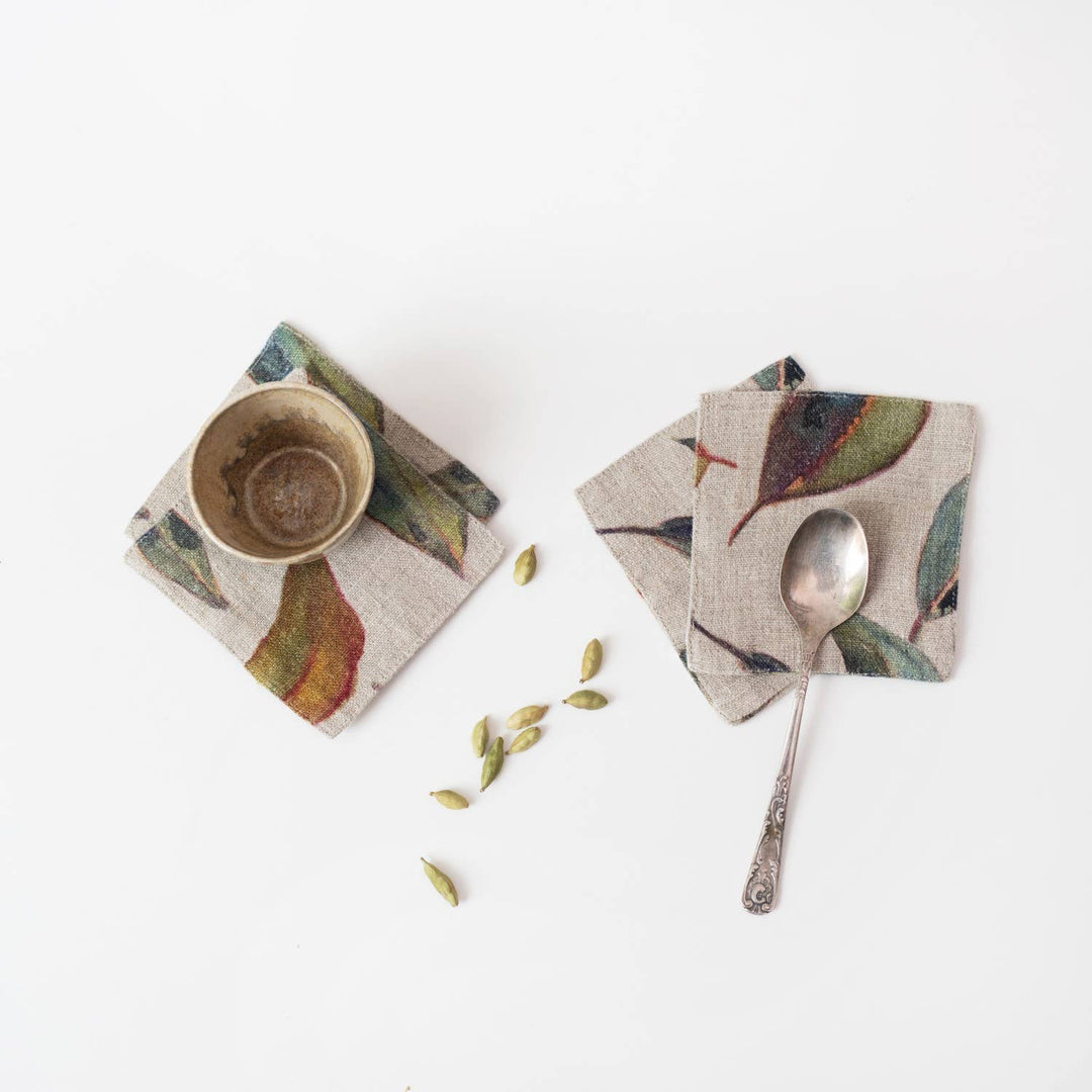Golden Fall on Dark Natural Linen Coasters Set of 4
