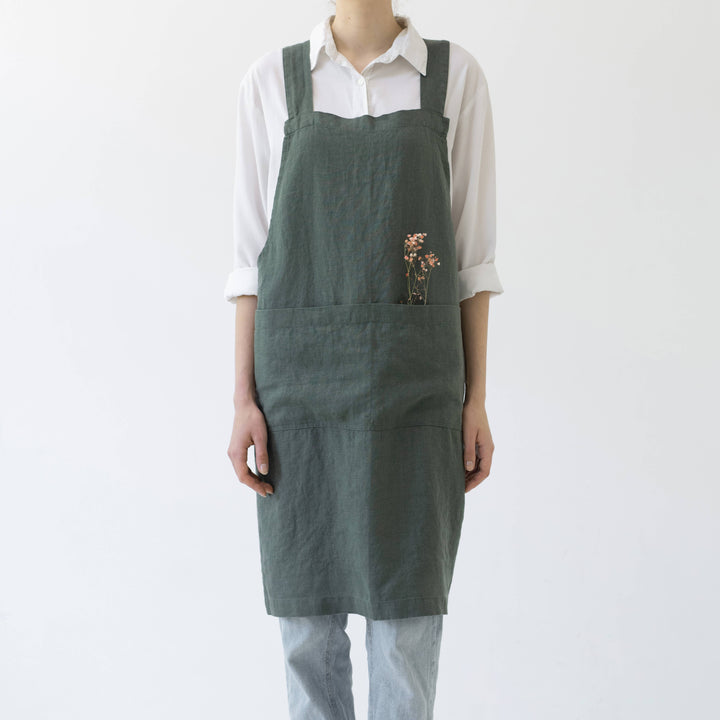 Forest Green Linen Japanese Crossback Apron