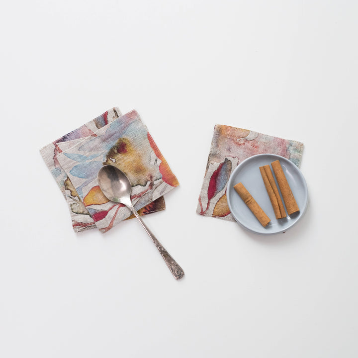 Orange Flow on Natural Linen Coasters Set of 4