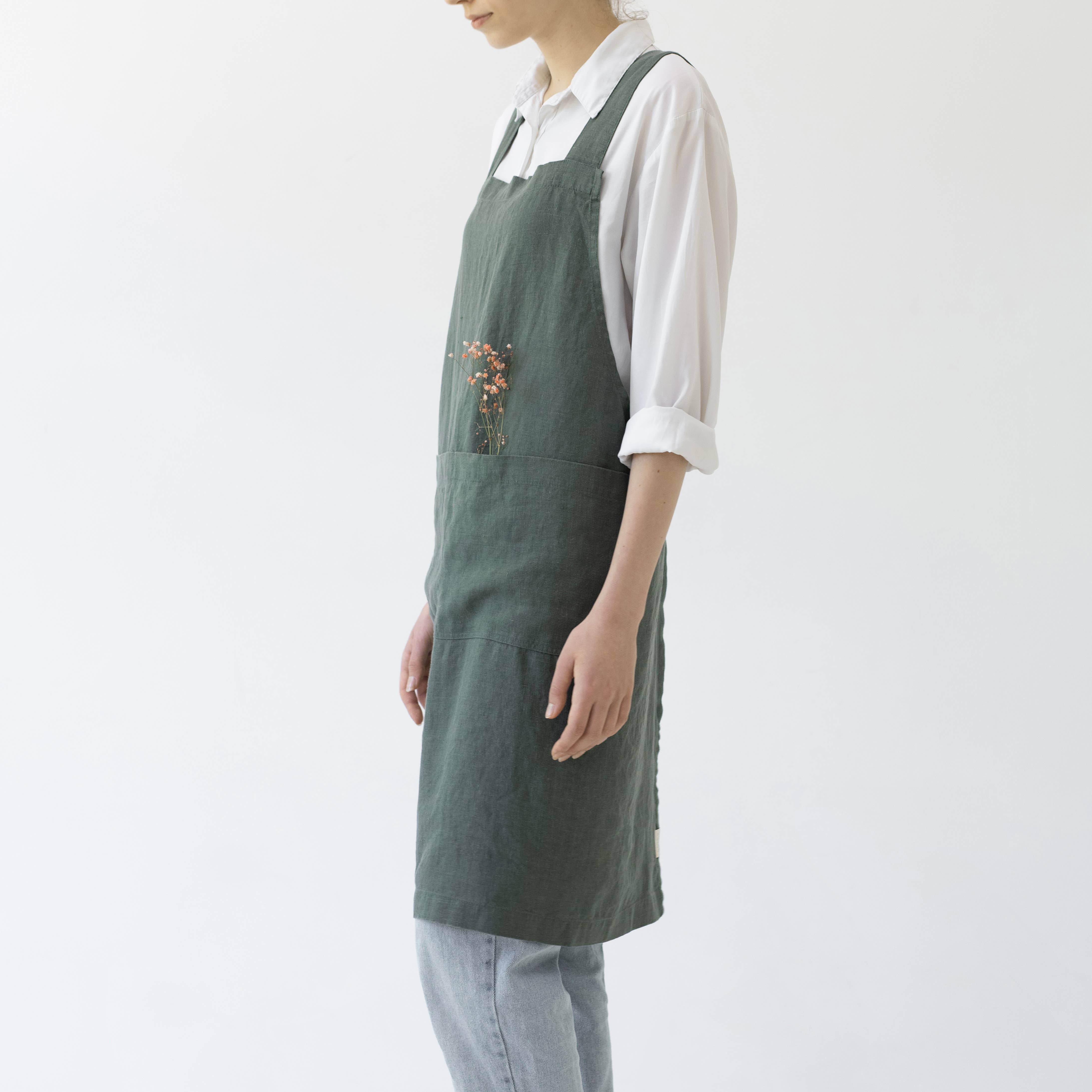 Forest Green Linen Japanese Crossback Apron