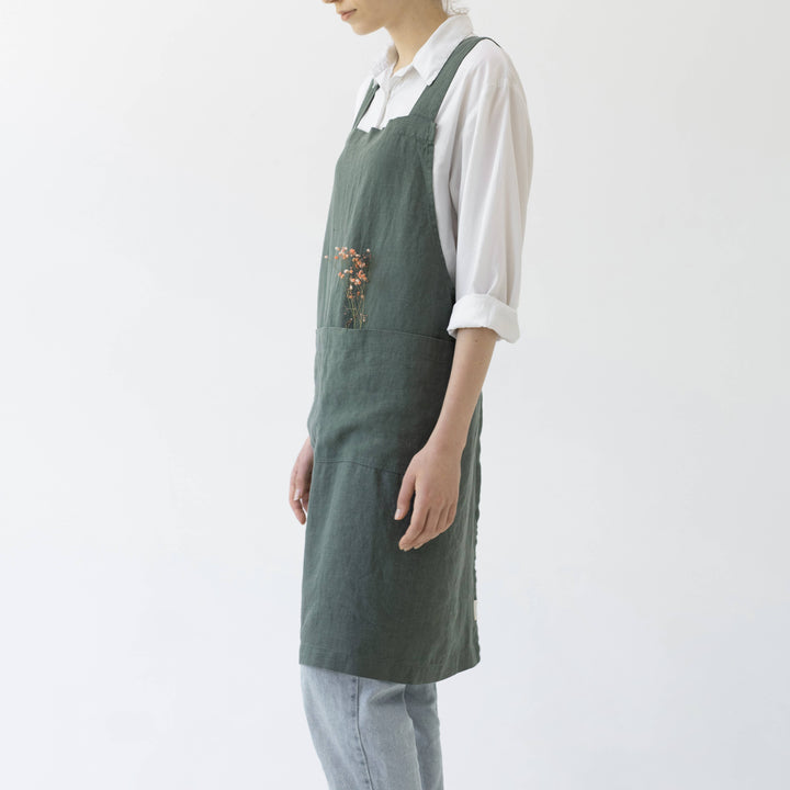 Forest Green Linen Japanese Crossback Apron