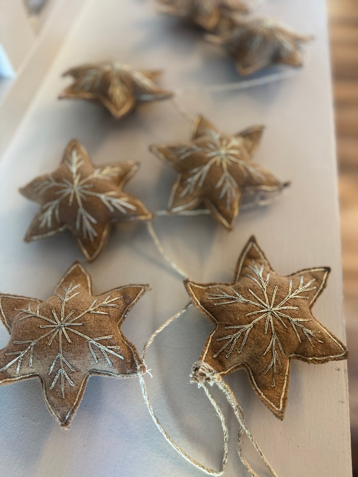 Woven Wool Star Garland with Metallic Thread Embroidery