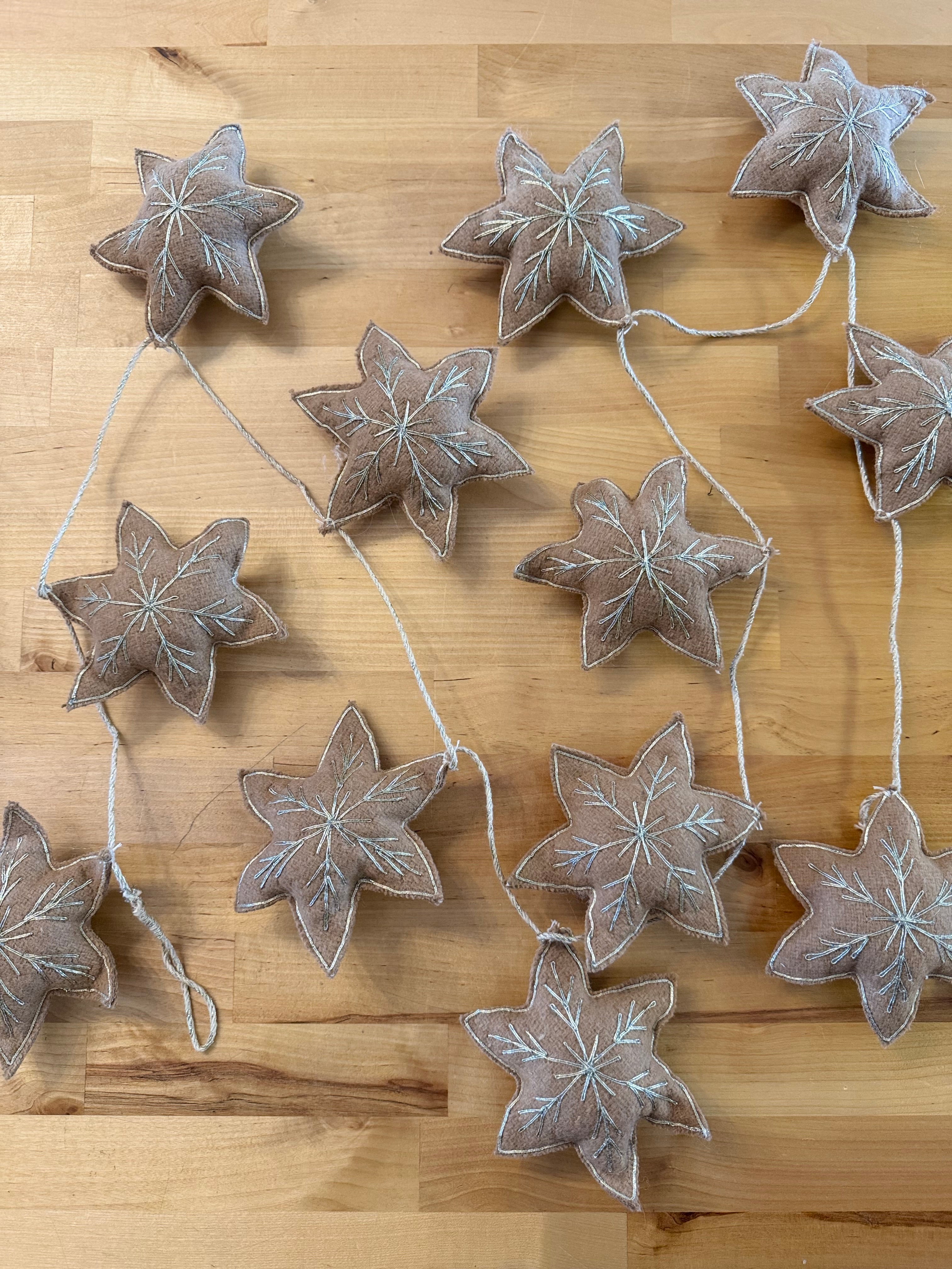 Woven Wool Star Garland with Metallic Thread Embroidery