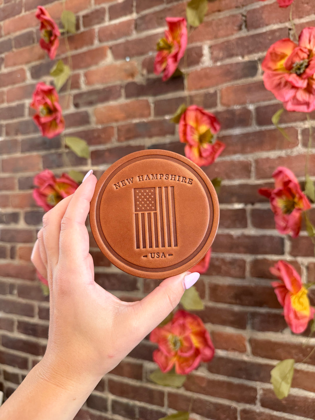 New Hampshire American Flag Leather Coaster