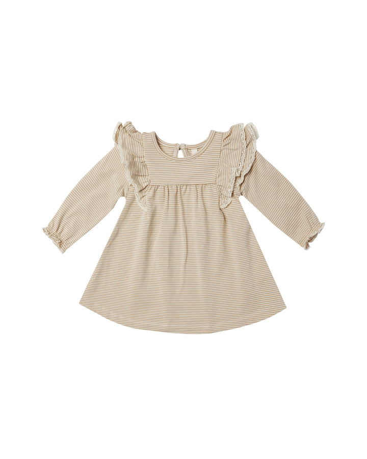 Quincy Mae long sleeve flutter dress || latte micro stripe
