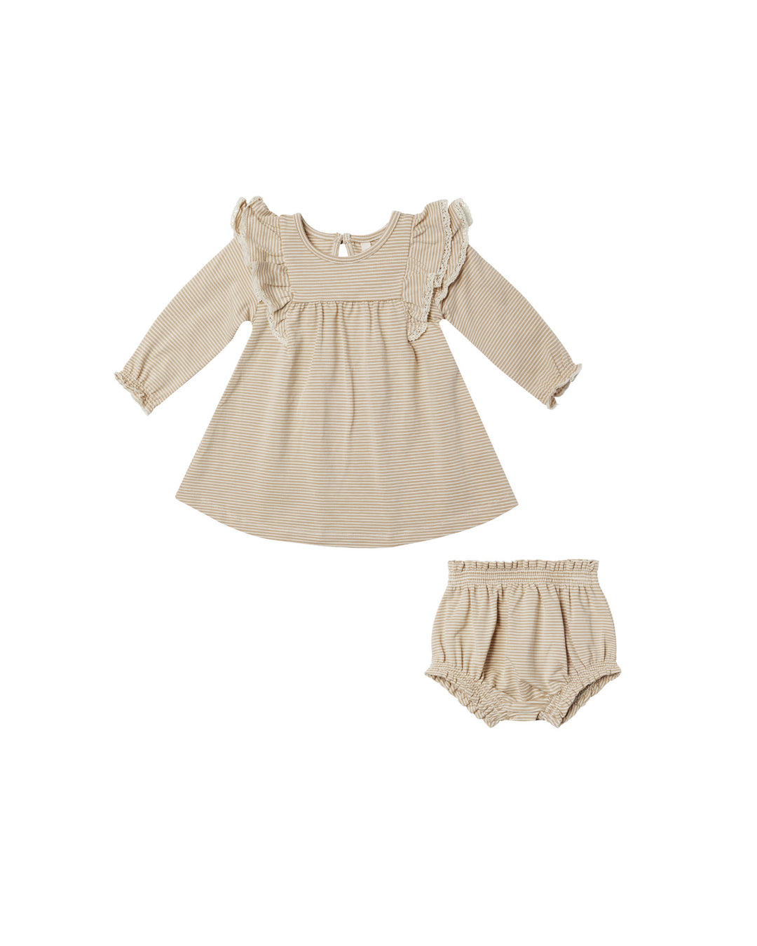 Quincy Mae long sleeve flutter dress || latte micro stripe