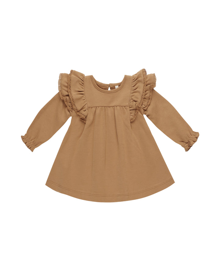 Quincy Mae Long Sleeve Flutter Dress || Golden