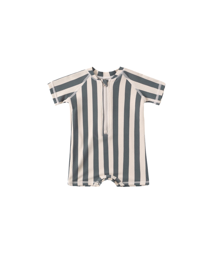 Quincy Mae Zip Rashguard One-Piece || Retro Ocean Stripe