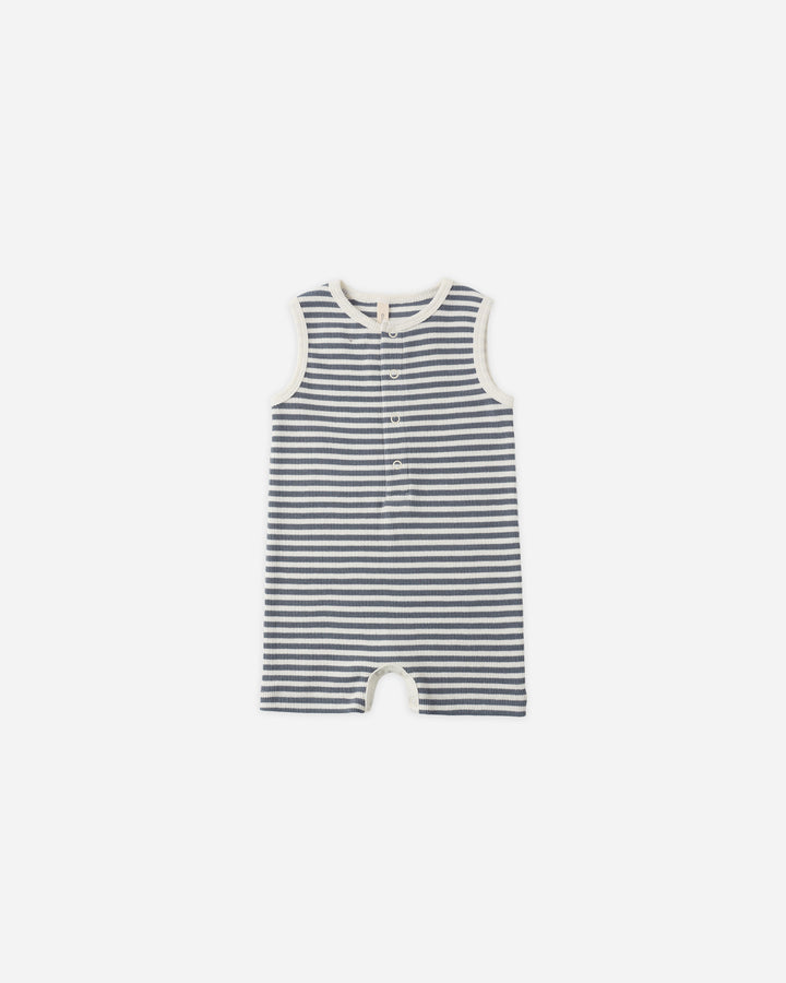 Quincy Mae Ribbed Henley Romper || Ocean Stripe