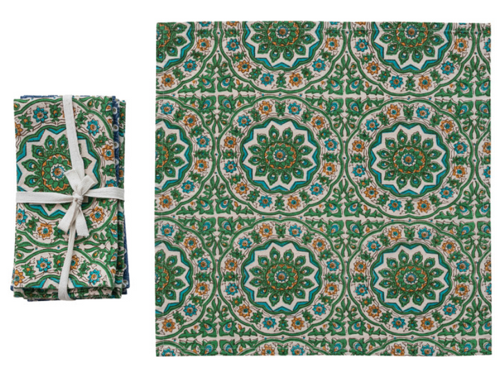 Cotton Napkins with Green Block Print Patterns, Set of 4