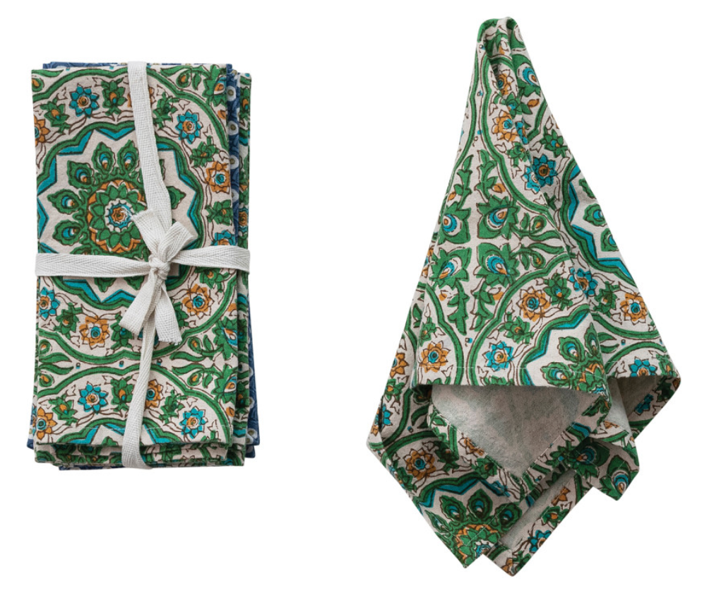 Cotton Napkins with Green Block Print Patterns, Set of 4