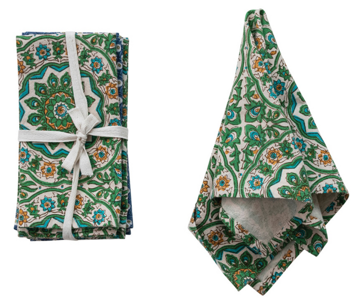 Cotton Napkins with Green Block Print Patterns, Set of 4