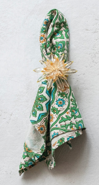 Cotton Napkins with Green Block Print Patterns, Set of 4