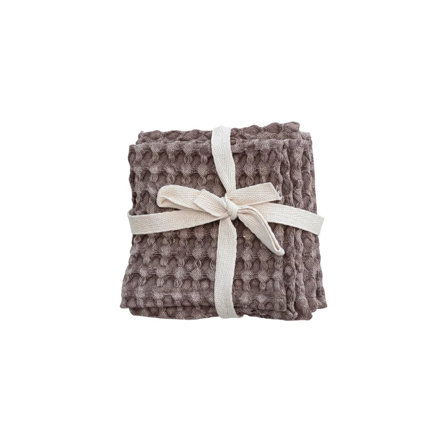 Stonewashed Cotton Waffle Weave Dish Cloths, Burgundy, Set of 3