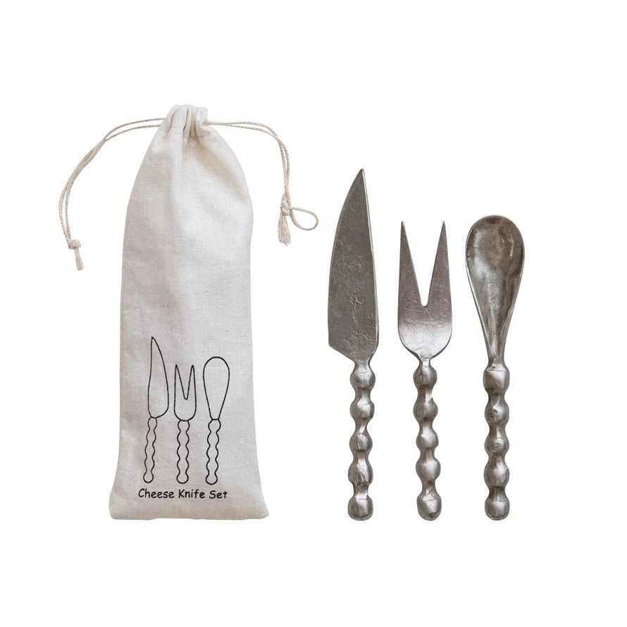 Iron Cheese Knives w/ Handles, Set of 3 in Drawstring Bag
