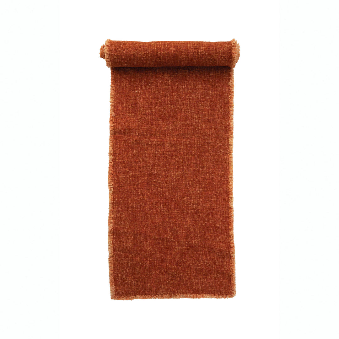 Linen Blend Table Runner with Fringe, Terra-cotta Color