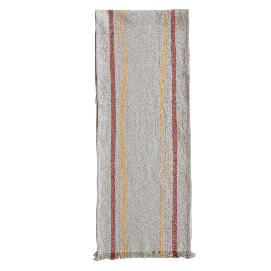 Woven Cotton Striped Table Runner with Eyelash Fringe, Mustard/Orange