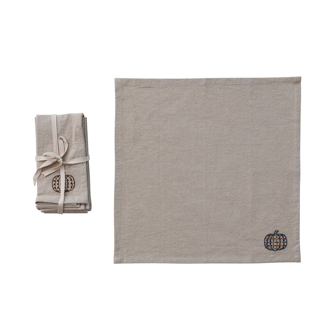 Woven Cotton Chambray Napkins with Embroidered Pumpkins, Set of 4
