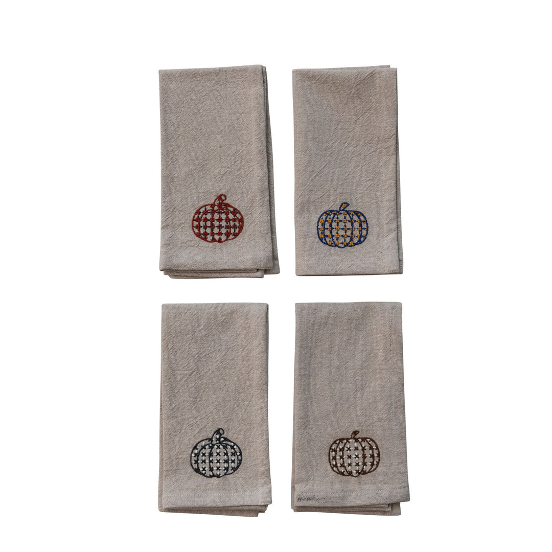 Woven Cotton Chambray Napkins with Embroidered Pumpkins, Set of 4
