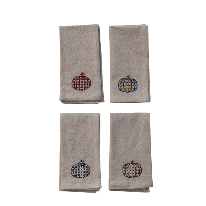 Woven Cotton Chambray Napkins with Embroidered Pumpkins, Set of 4
