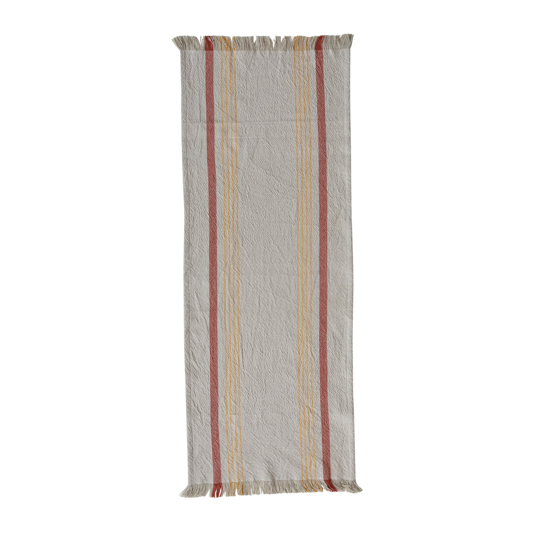 Woven Cotton Striped Table Runner with Eyelash Fringe, Mustard/Orange, Short