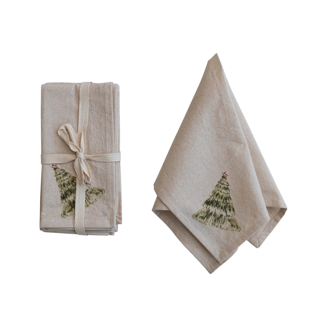 Cotton Printed Napkins w/ Christmas Tree, Natural, Green & Red, Set of 4