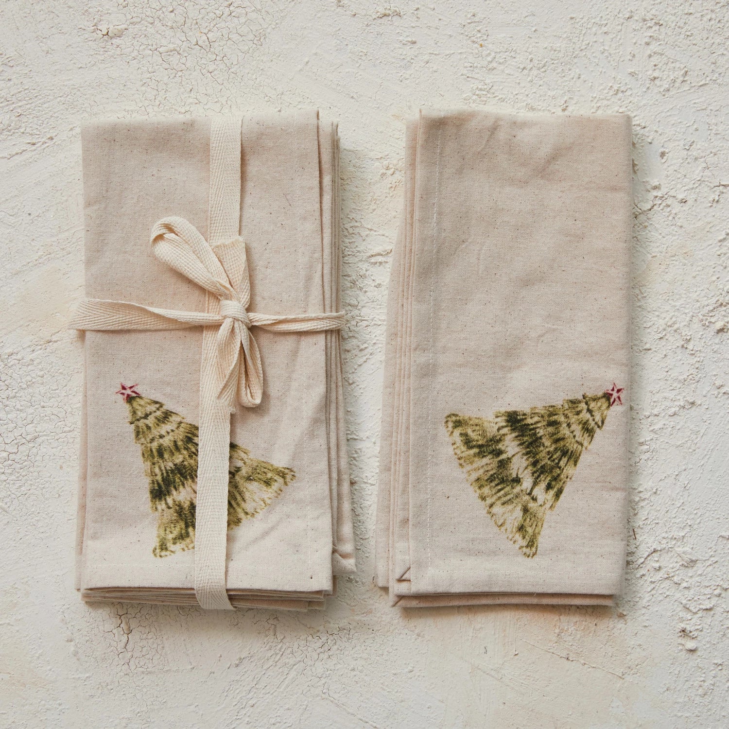 Cotton Printed Napkins w/ Christmas Tree, Natural, Green & Red, Set of 4