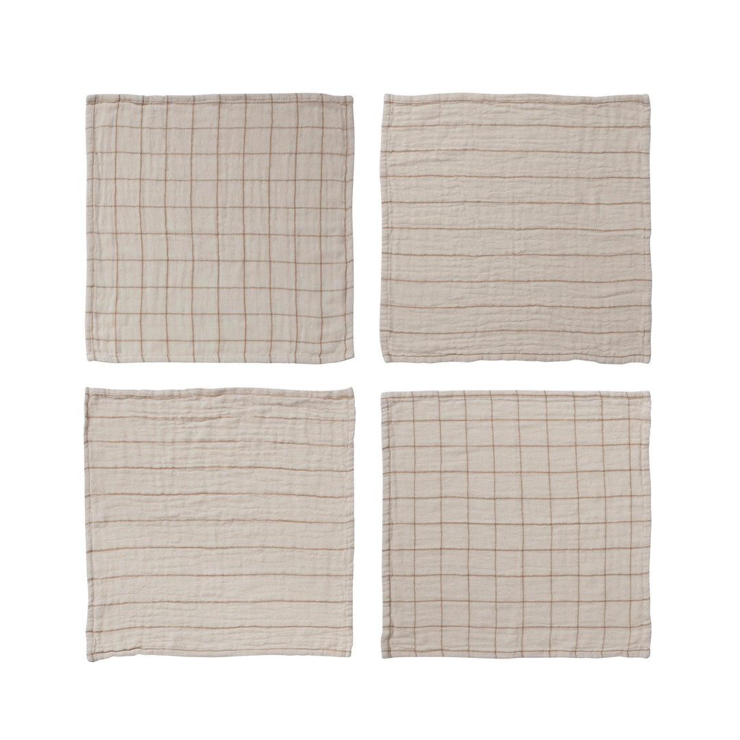 Cotton Double Cloth Napkins with Grid/Stripe Pattern, Set of 4