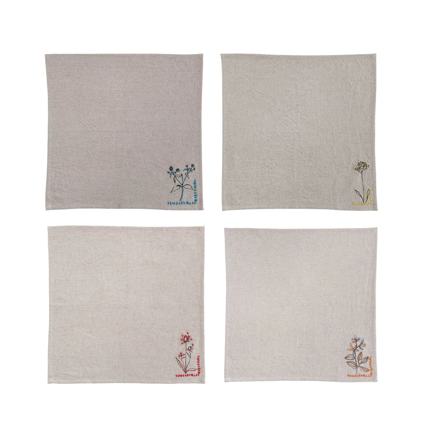Cotton Printed Napkins w/ Hand-Embroidery & French Knots, 4 Styles, Set of 4