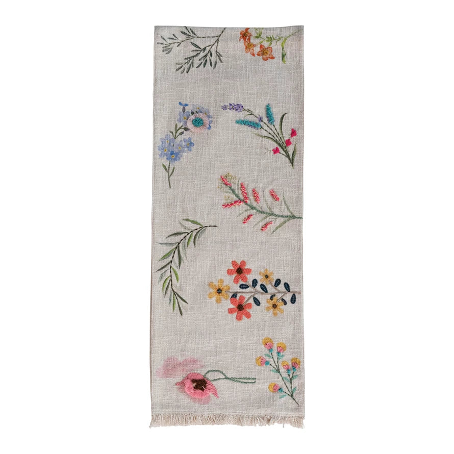 Cotton Floral Printed Table Runner with Embroidery & Fringe