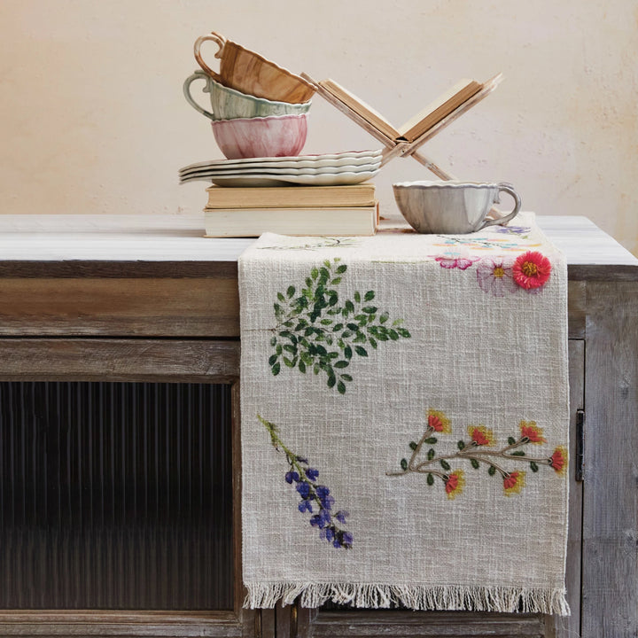 Floral Table Runner with Embroidery & Fringe
