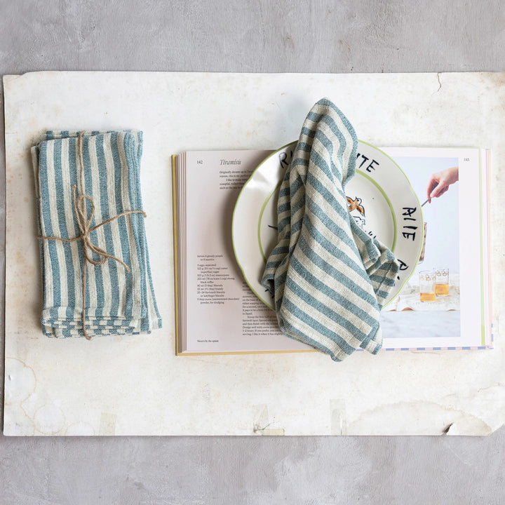 Blue and Natural Striped Woven Cotton Napkins