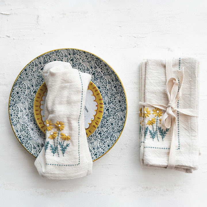 Hand-Embroidered Cotton Napkins with Flowers & French Knots, Set of 4