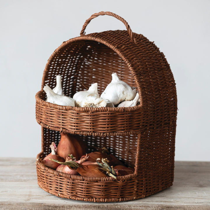 Hand-Woven Rattan 2-Tier Basket with Handle, Natural