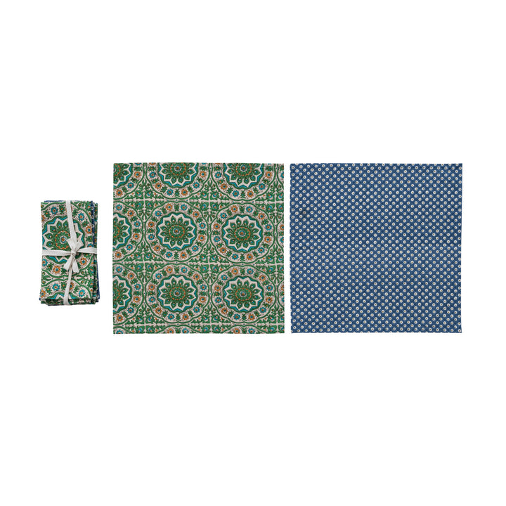 Cotton Napkins with Blue & Green Block Print Patterns, Set of 4