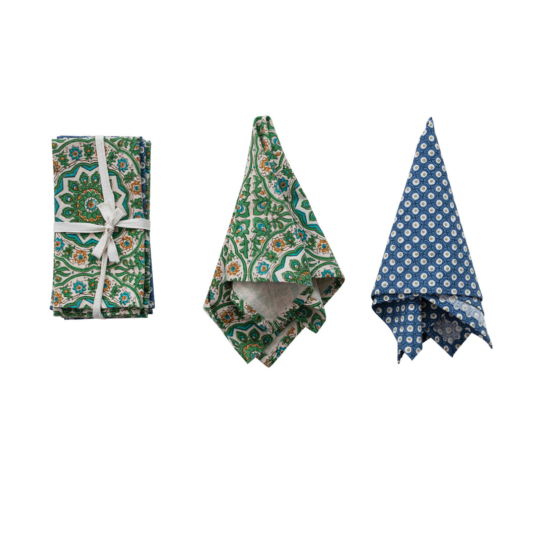 Cotton Napkins with Blue & Green Block Print Patterns, Set of 4