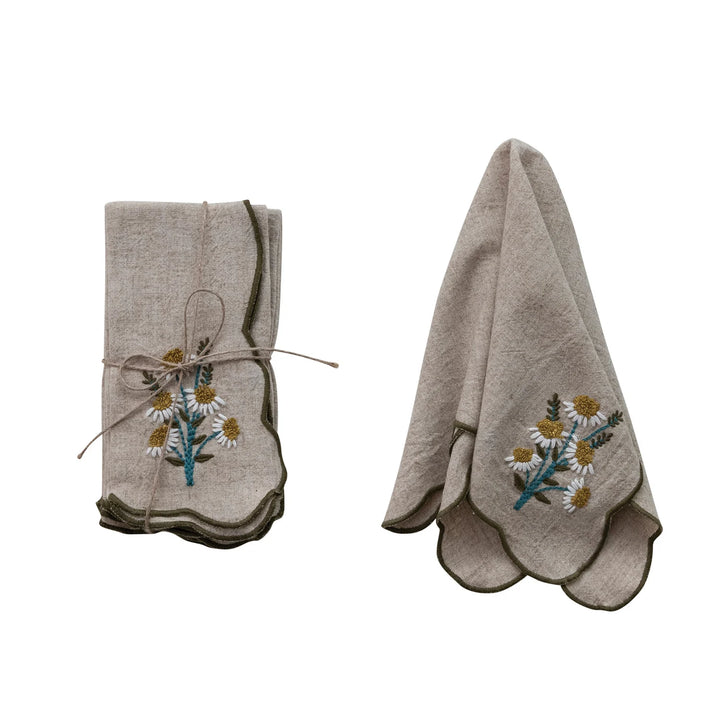 Scalloped Napkins with Contrasting Stitched Edges & Embroidered Flowers, Set of 4