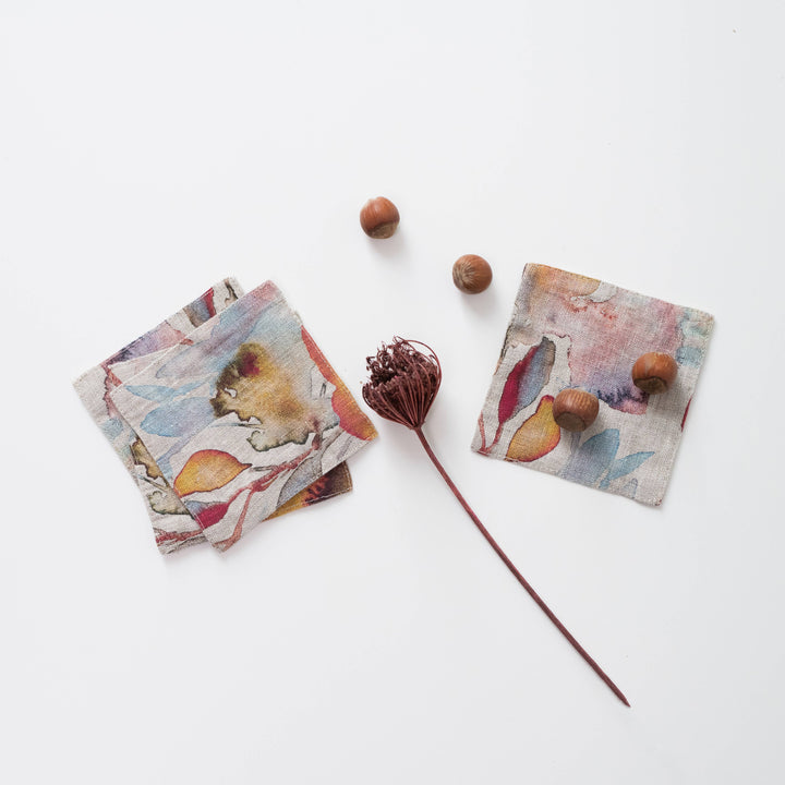Orange Flow on Natural Linen Coasters Set of 4