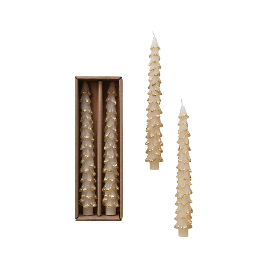Eggnog Color & Gold Tree Shaped Taper Candles, Set of 2