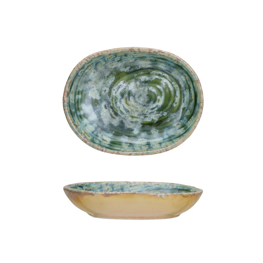 Embossed Stoneware Dish, Green