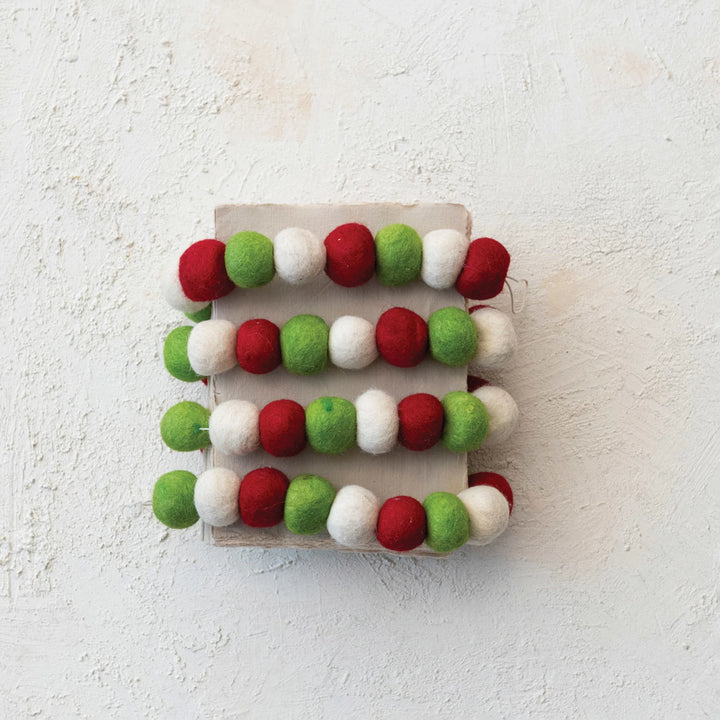 Handmade Wool Felt Ball Garland, Red, Green & Cream Color