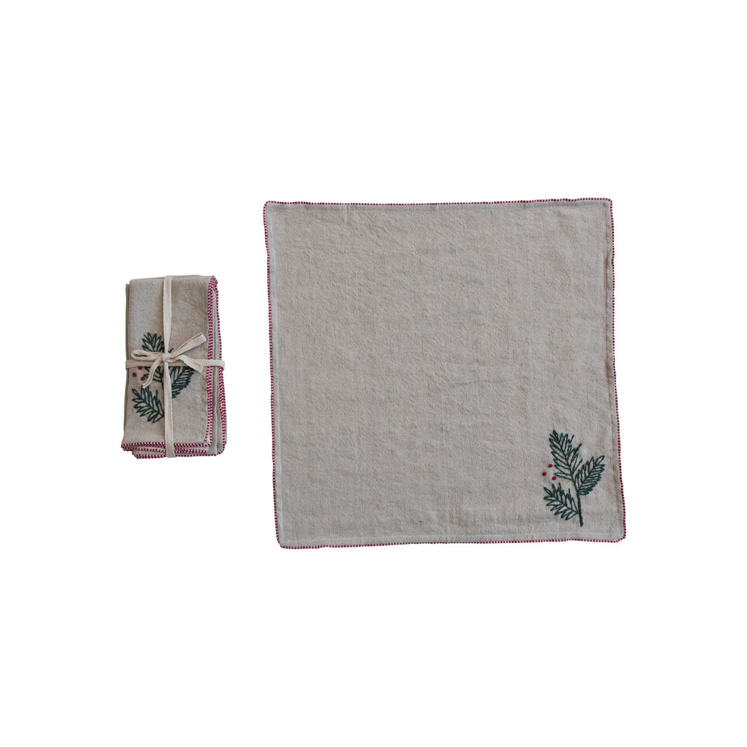 Cotton & Linen Napkins with Hand-Embroidered Holly & French Knots, Set of 4