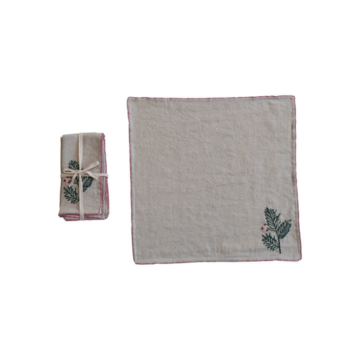 Cotton & Linen Napkins with Hand-Embroidered Holly & French Knots, Set of 4
