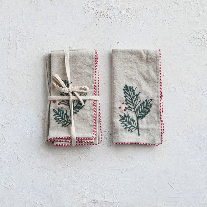 Cotton & Linen Napkins with Hand-Embroidered Holly & French Knots, Set of 4