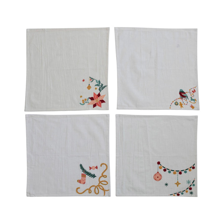 Cotton Printed Napkins with Embroidery, Set of 4