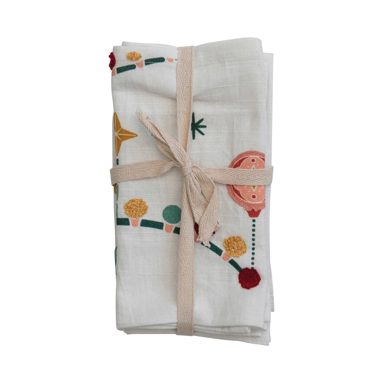 Cotton Printed Napkins with Embroidery, Set of 4