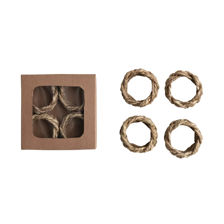 Round Braided Seagrass Napkin Rings, Set of 4 in Box - 2"